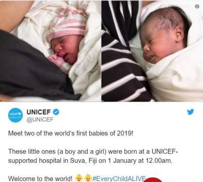 Опубликован снимок одних из первых младенцев, родившихся в 2019 году